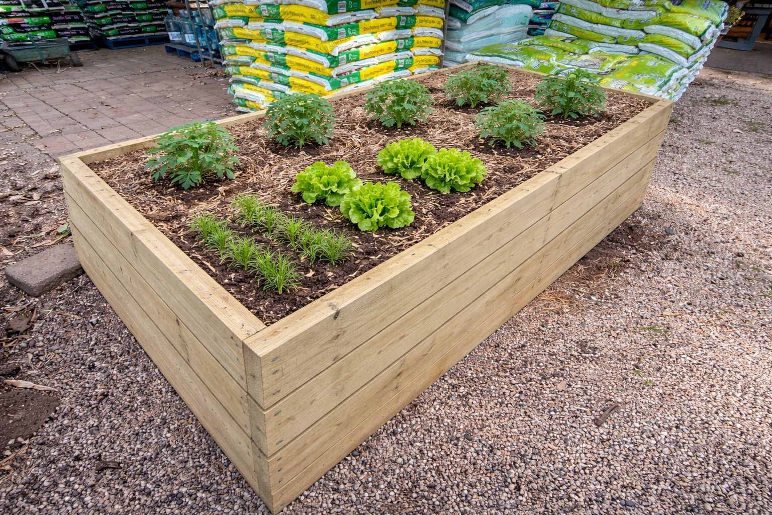 A rectangular wooden raised garden bed filled with soil and young green plants, situated on a gravel surface outdoors. — Gnomes Landscape & Garden Supplies In Taree South, NSW