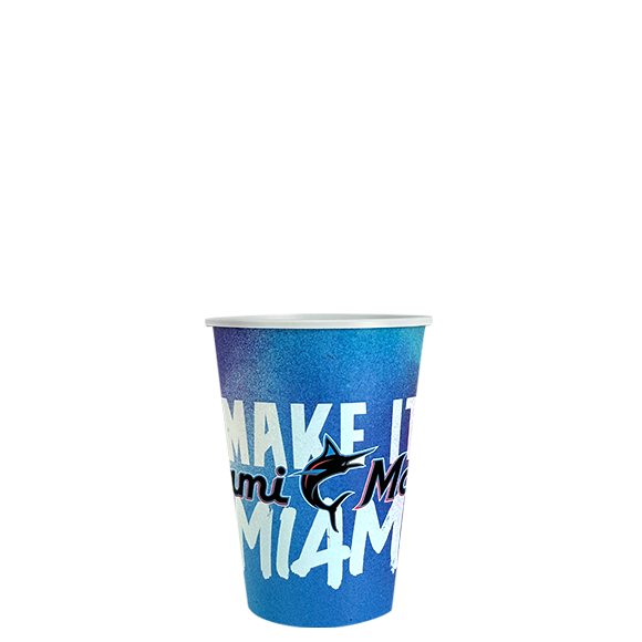 Blue cup with "Make it Miami" text and marlin logo.