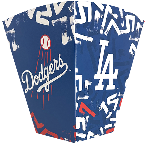 LA Dodgers popcorn container in blue with team logo and abstract patterns.