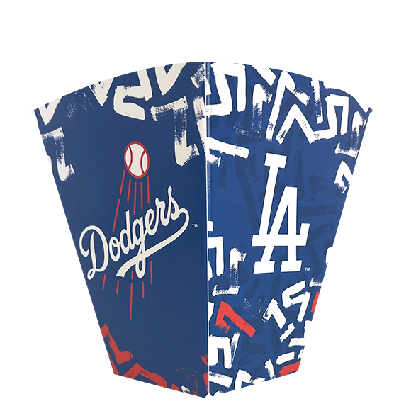 Los Angeles Dodgers popcorn bucket; blue with team logo, white "Dodgers" text, and white and red abstract design.