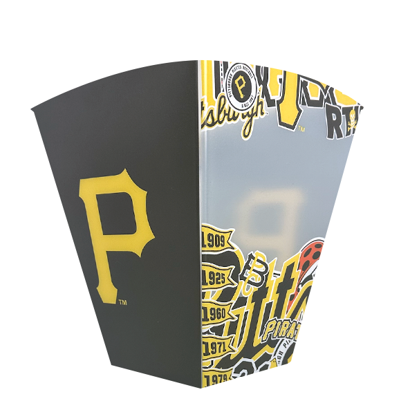Pittsburgh Pirates popcorn container, black and gold with logo and team history.