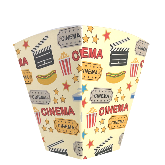 Popcorn container with cinema-themed illustrations in a light yellow color.