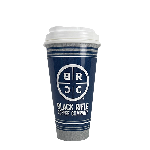 Blue and white Black Rifle Coffee Company to-go cup.