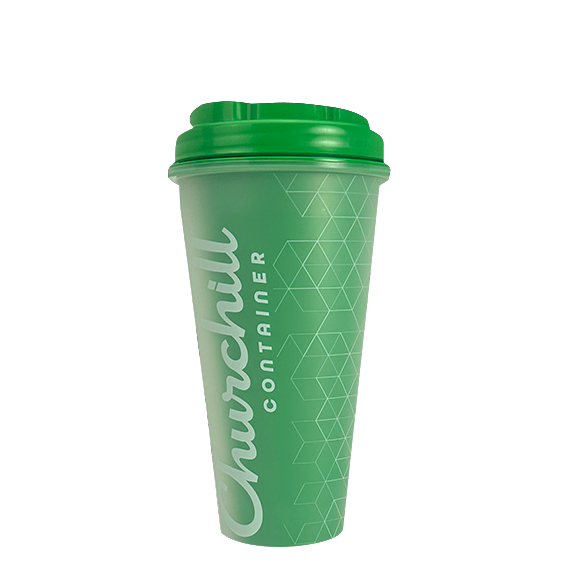 Green Churchill Container with a green lid, white lettering, and geometric design.