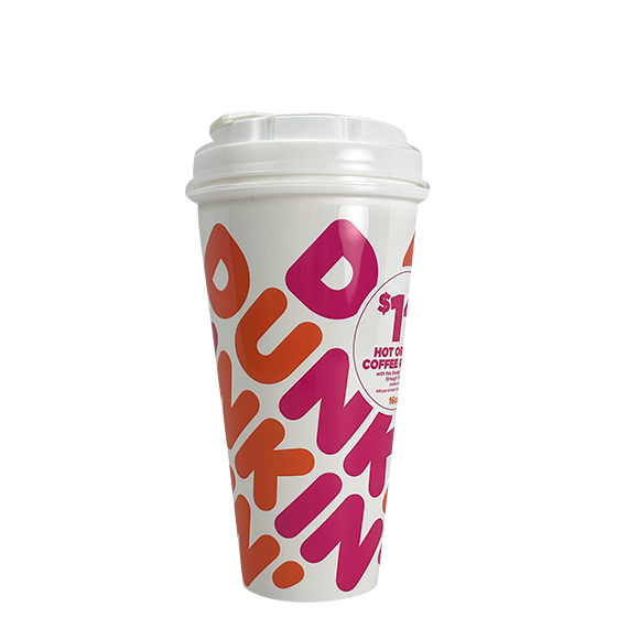 Dunkin' Donuts coffee cup with orange and pink logo on a white background, topped with a white lid.