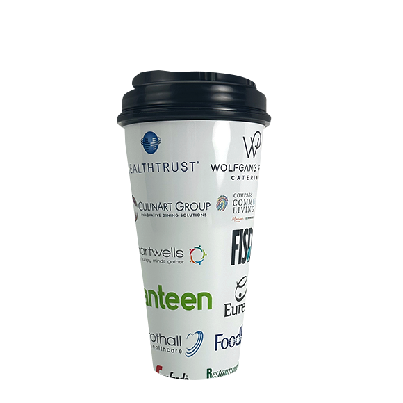 White coffee cup with black lid, logos of sponsors around the cup.