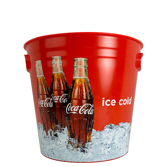 Red Coca-Cola ice bucket with three soda bottles in front of a bed of ice, "ice cold" text.