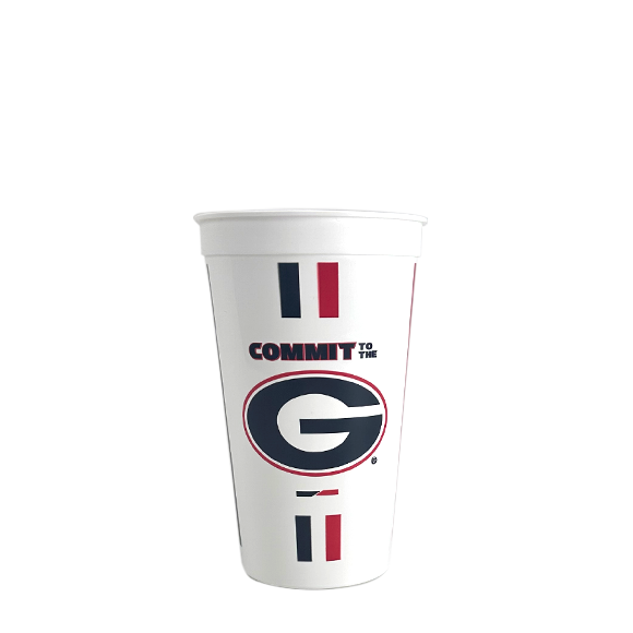 White cup with Georgia Bulldogs logo and stripes.