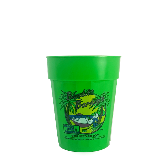 Green plastic cup with "Barefoot Bungalow" logo.