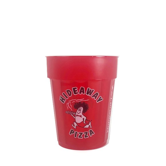 Red Hideaway Pizza cup with cartoon figure holding a flaming stick.