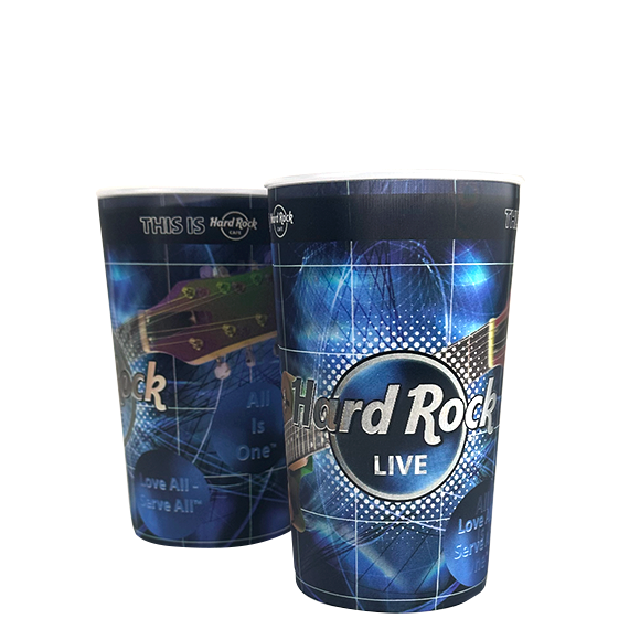 Two Hard Rock Live souvenir cups with a blue guitar design.
