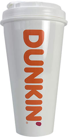 Dunkin' coffee cup with the company's orange logo on a white cup, and white lid.