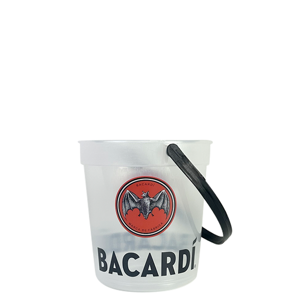 Bacardi branded, translucent ice bucket with black handle and logo.