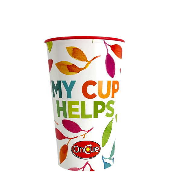 White paper cup with colorful leaf pattern and the words "MY CUP HELPS."