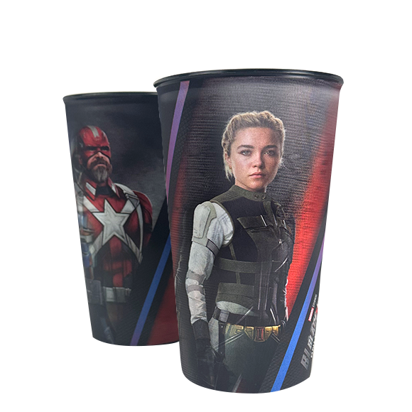 Two Black Widow movie cups, featuring characters Red Guardian and Yelena Belova.