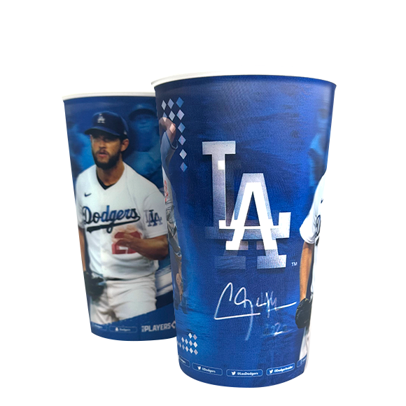 Two Los Angeles Dodgers cups featuring the team's logo, a player, and autograph on a blue background.