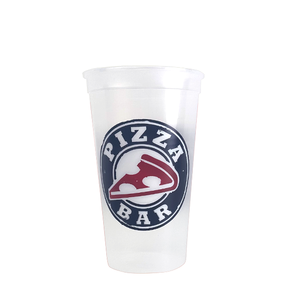 Clear plastic cup with Pizza Bar logo on front.