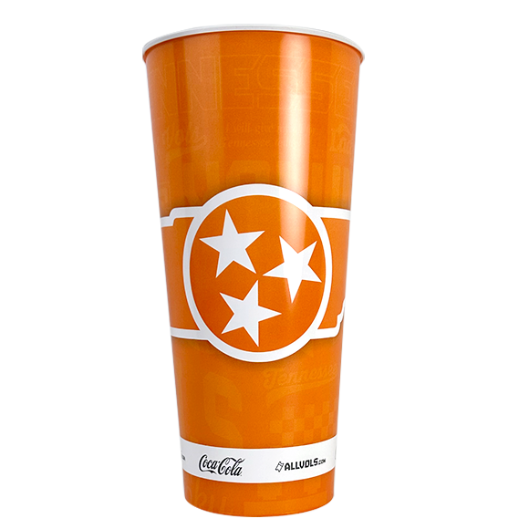 Orange Tennessee Volunteers soda cup with the state's stars logo.