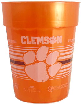 Orange Clemson Tigers plastic cup with paw print logo.