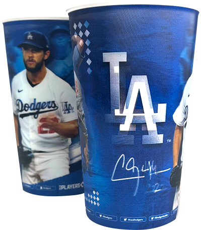 Two Dodger cups with baseball player, blue background, and team logo.
