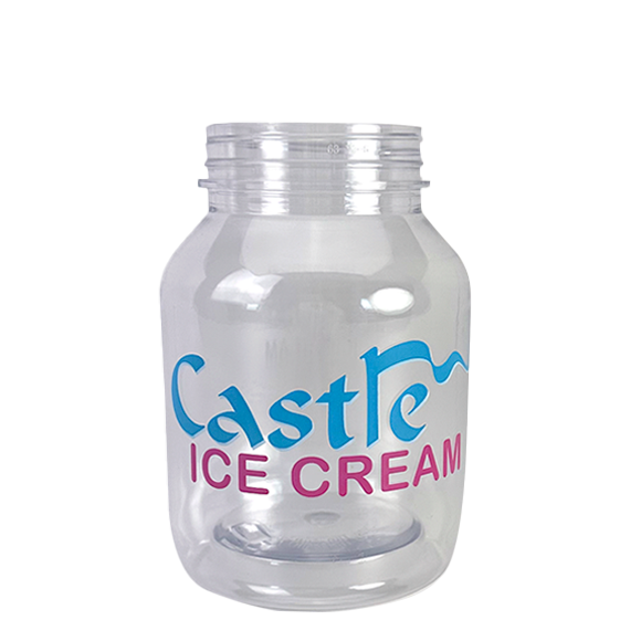 Clear plastic container with blue and pink "Castle ICE CREAM" logo.