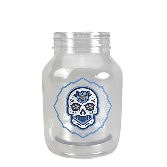Clear plastic jar with a blue and white sugar skull design.