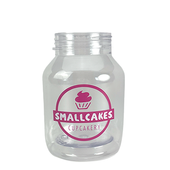 Clear plastic jar with pink Smallcakes Cupcakery logo.