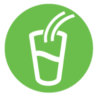 Green circle with a white outline of a glass, filled with liquid and two curved lines above.