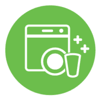 Dishwasher icon: white dishwasher, plate, and glass on green circle.