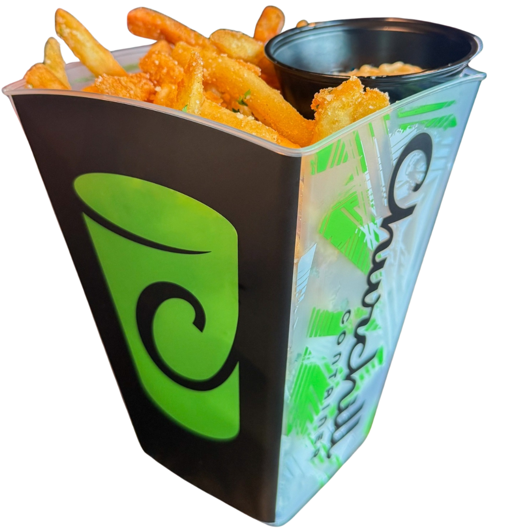 Fries and sauce in a branded container with a green swirl logo on a black background.