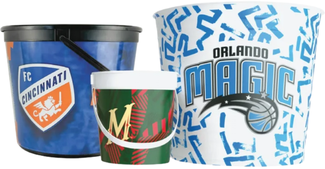 Three branded containers: blue FC Cincinnati bucket, small green and red bucket, and an Orlando Magic cup.