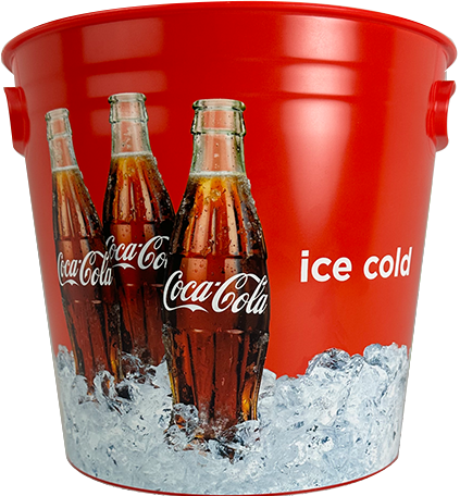 Red Coca-Cola ice bucket with three bottles of Coke in ice; “ice cold” text on the side.