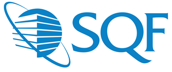 Logo with a stylized building and the letters SQF in blue.