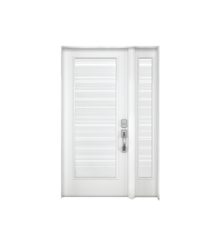 Porte d'entrée blanche avec panneaux de verre horizontaux et panneau latéral, posée contre un mur blanc.