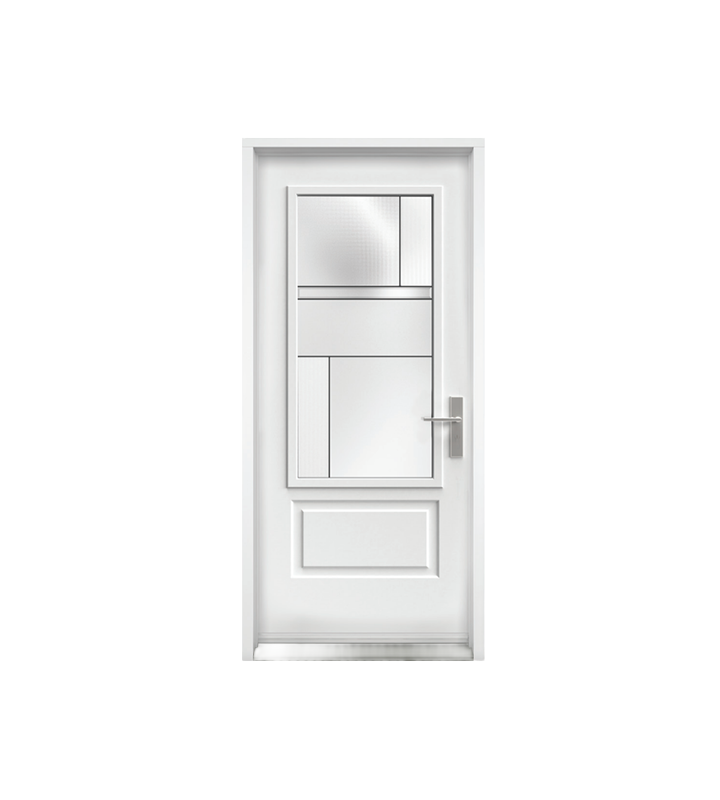 Porte d'entrée blanche avec panneaux de verre et poignée argentée.