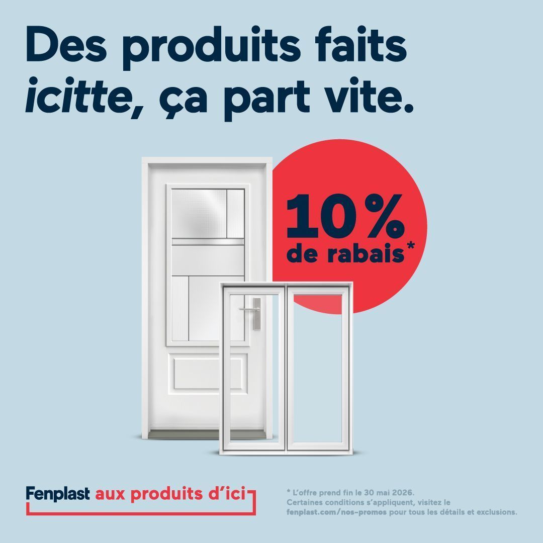 Publicité pour les fenêtres et portes Fenplast : « L’hiver arrive, nous bloquons », offrant une réduction de 12 % en cas d’intempéries.