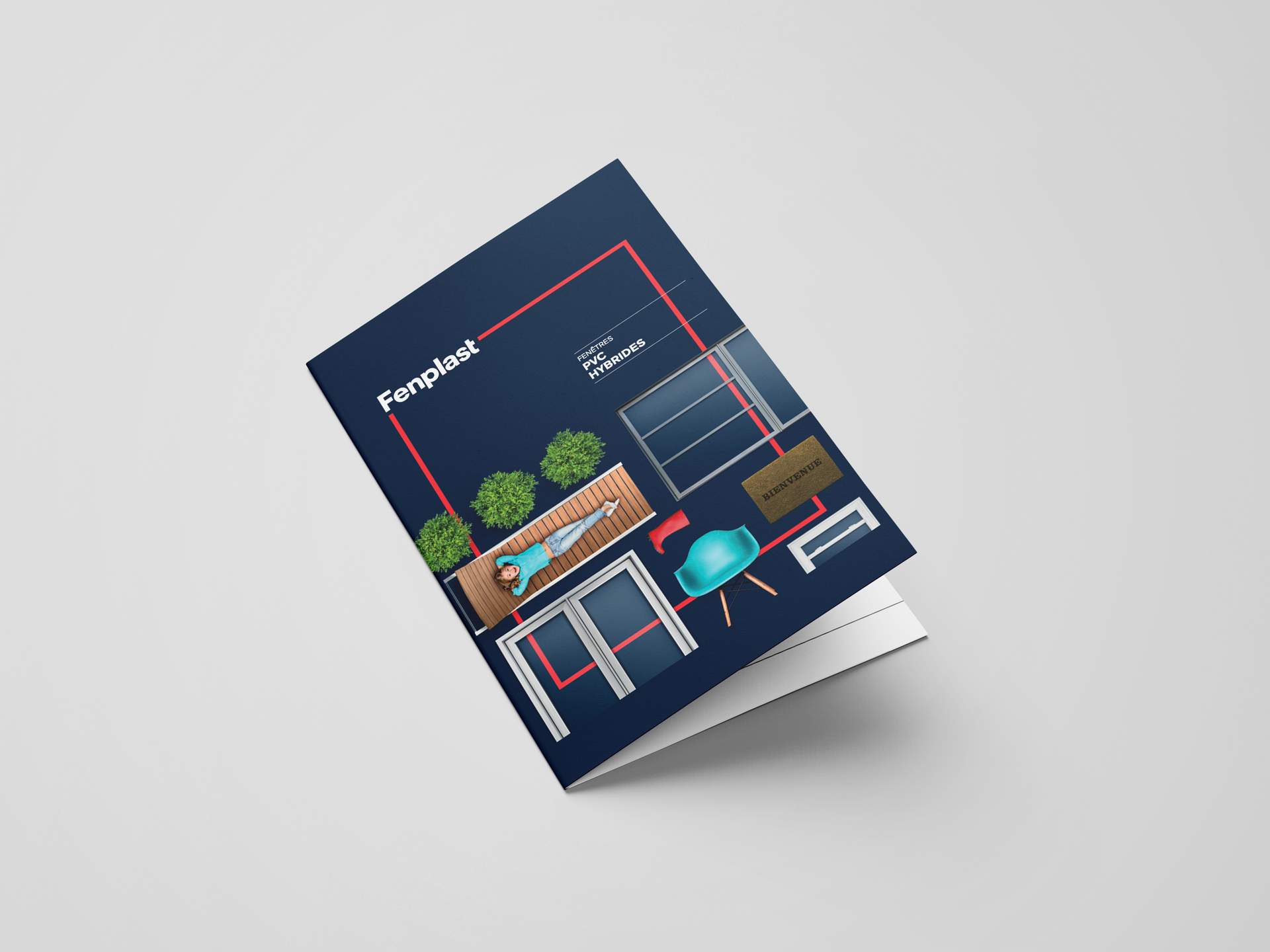 Brochure mockup with a dark blue cover, featuring a top-down view of an outdoor space with furniture and greenery.