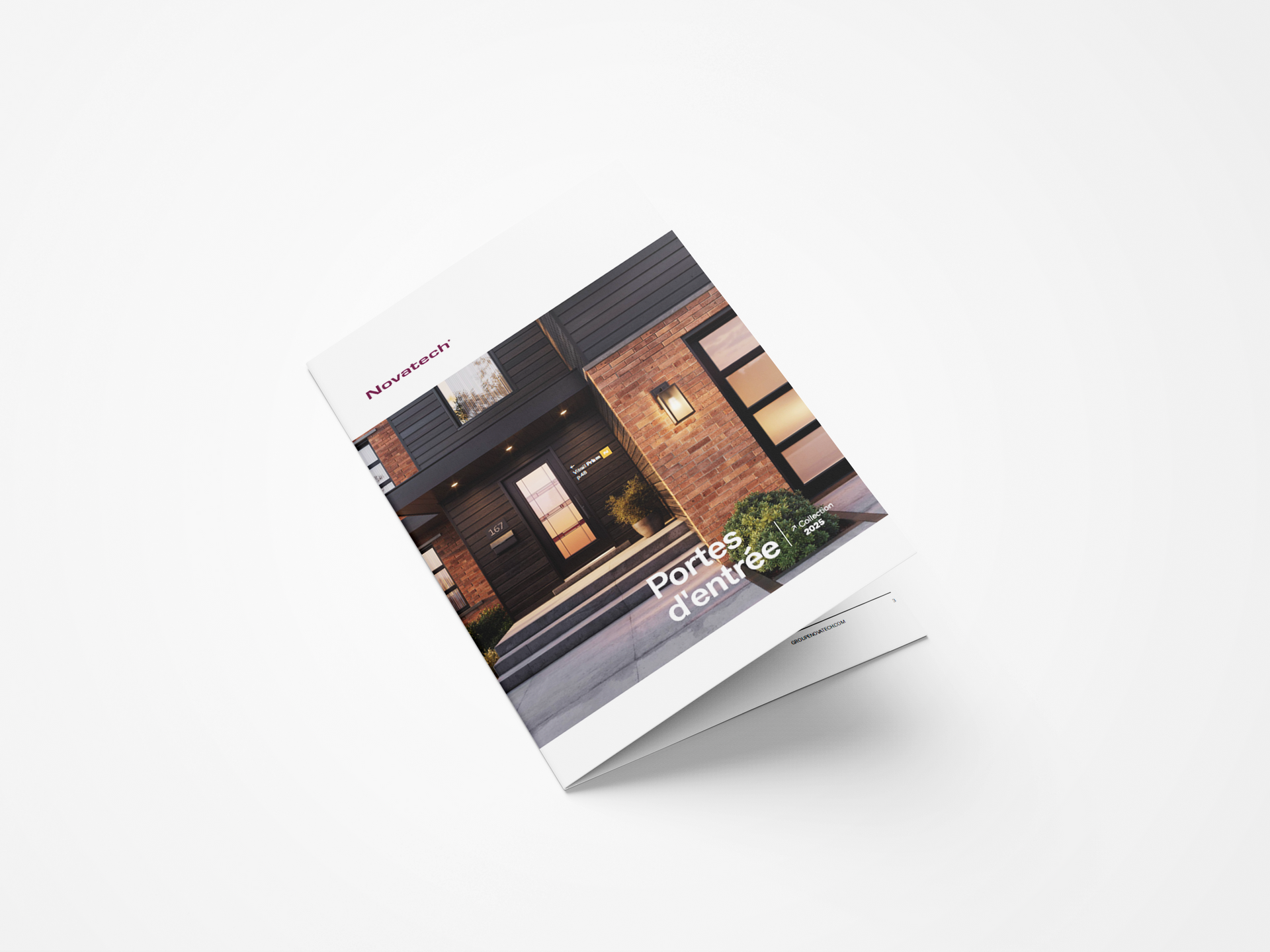 Brochure showing a brick building’s entrance, white background. Text: