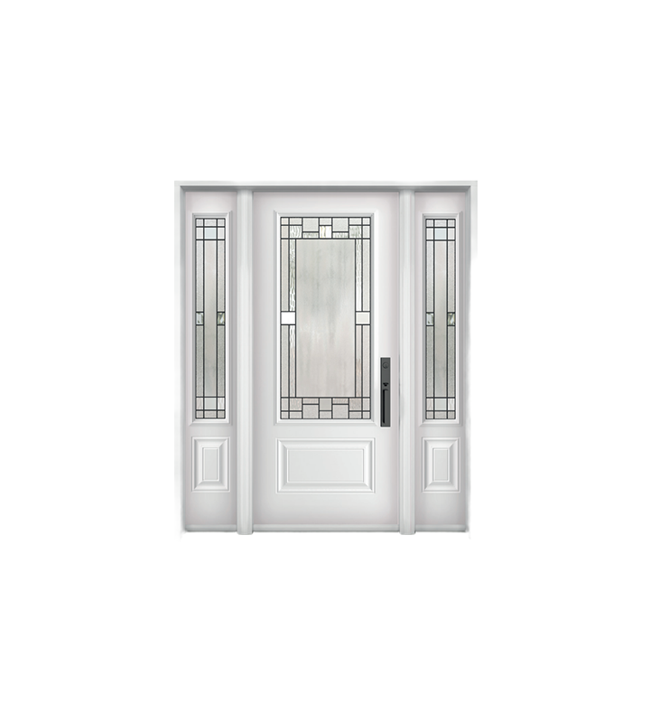 Porte d'entrée blanche avec vitres latérales, vitrail.