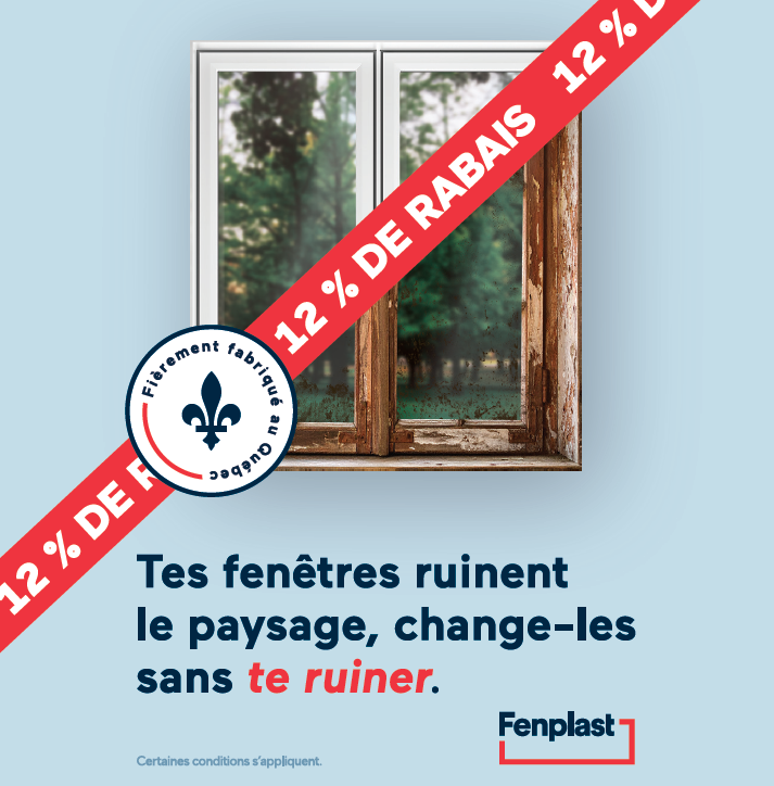 Publicité pour les fenêtres Fenplast : une fenêtre endommagée avec un texte de réduction rouge sur fond bleu. 12 % de réduction sur fond bleu.
