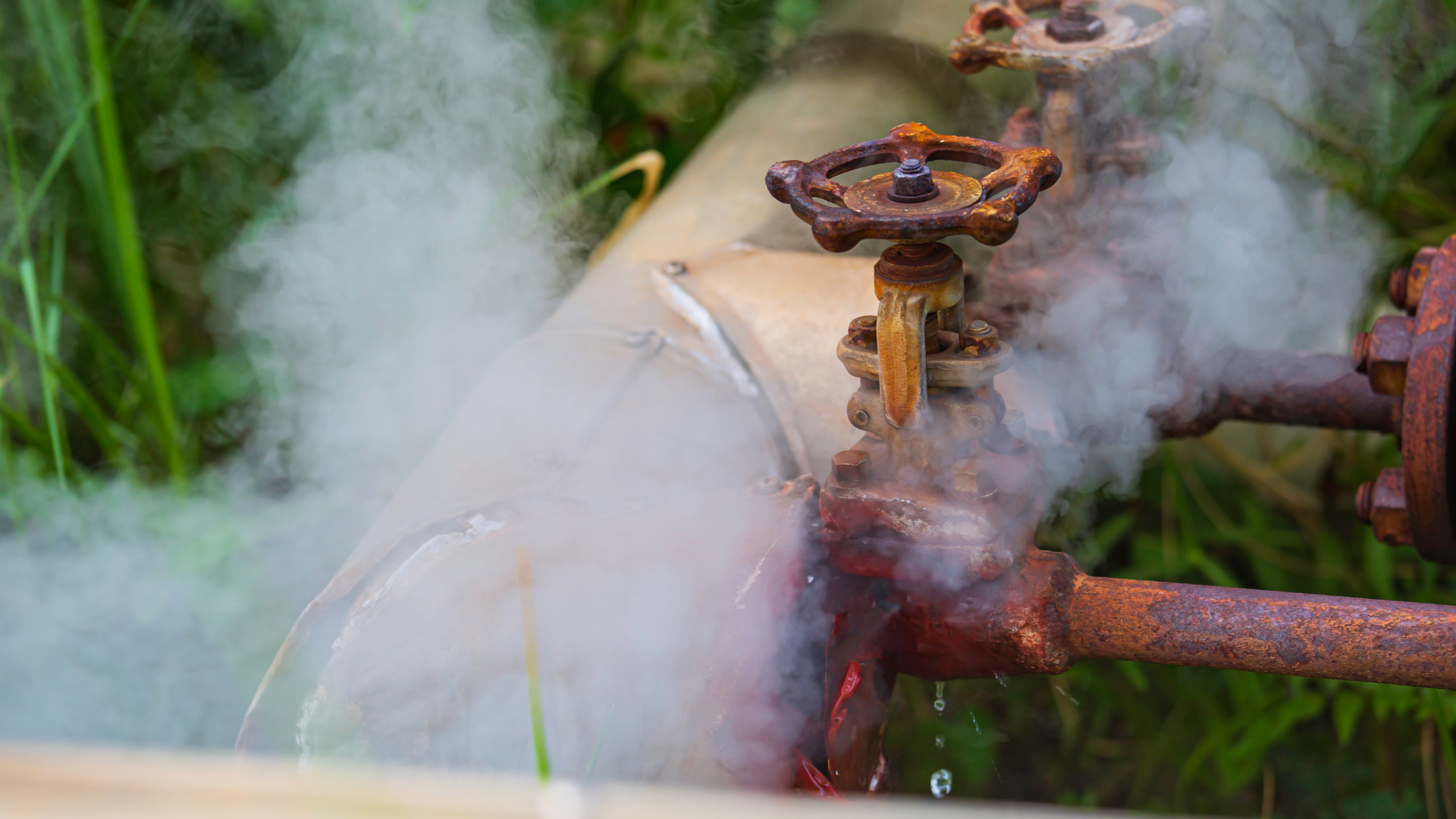A rusty pipe with steam coming out of it.