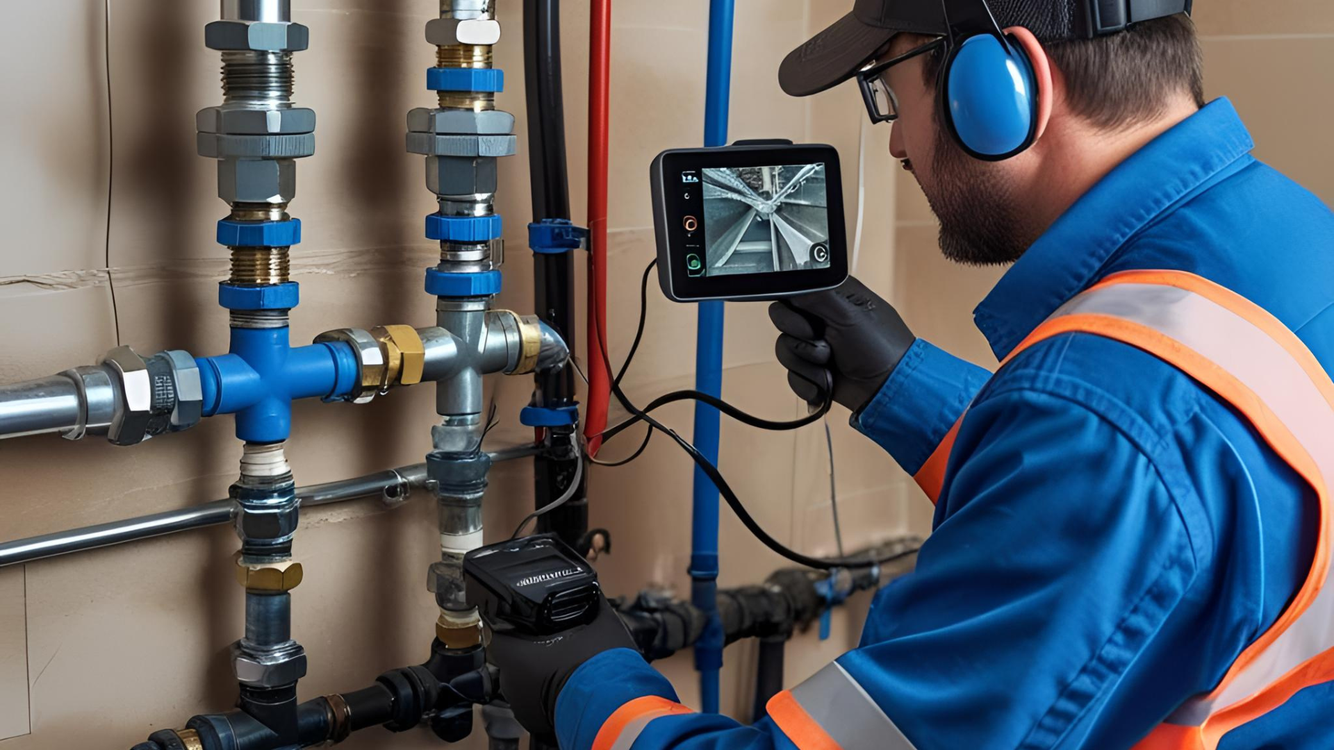 A plumber is using a video camera to inspect pipes.