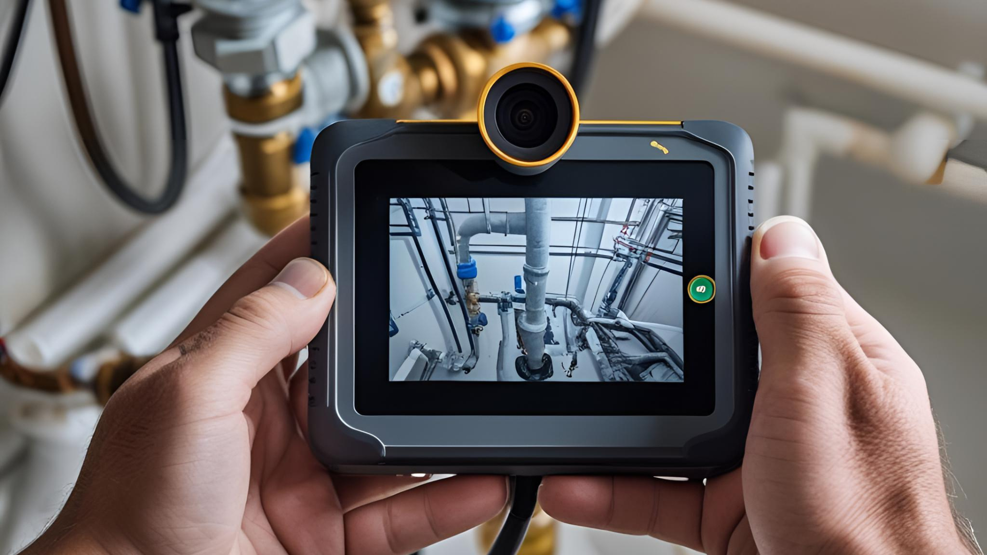 A person is holding a camera in their hands and taking a picture of pipes.