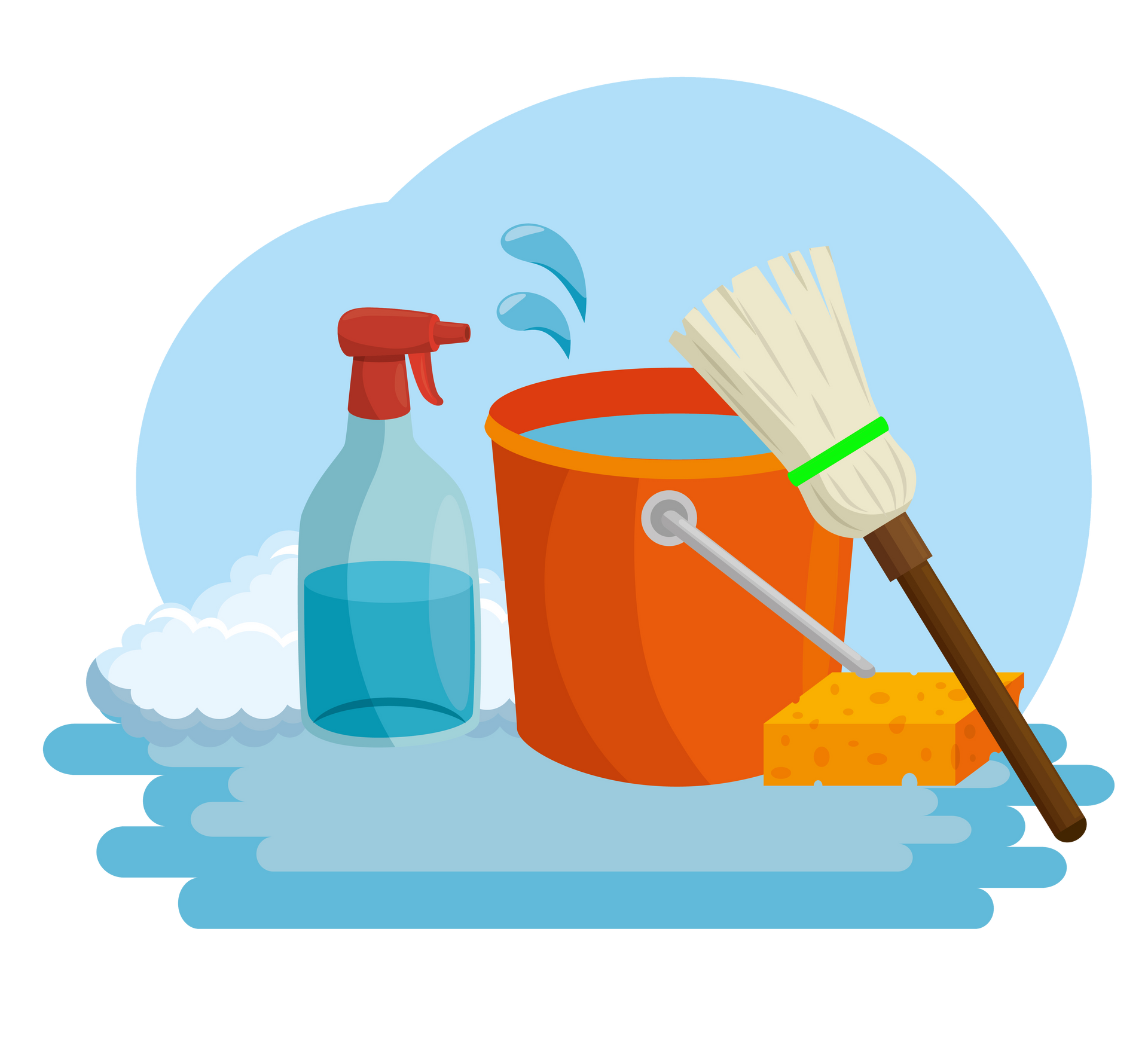 Prodotti per la pulizia: flacone spray, secchio con acqua, scopa, spugna.