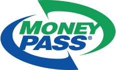 A blue and green logo for money pass with two arrows pointing in opposite directions.