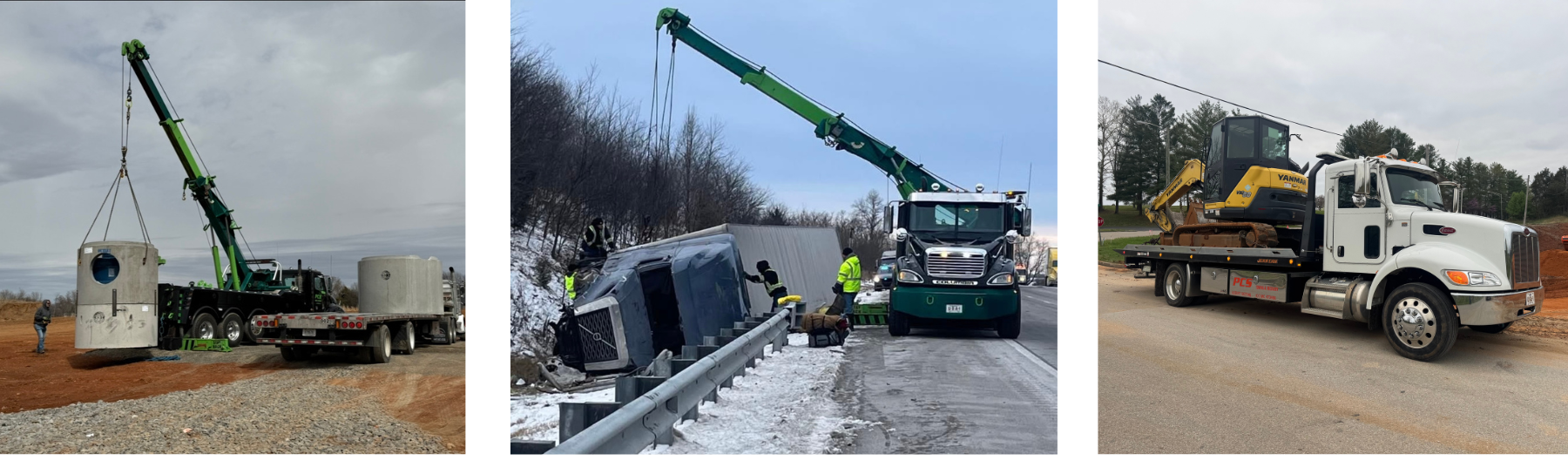 Three scenes: a crane lifting a concrete cylinder, a wrecker at a car accident, and a flatbed truck with construction equipment.