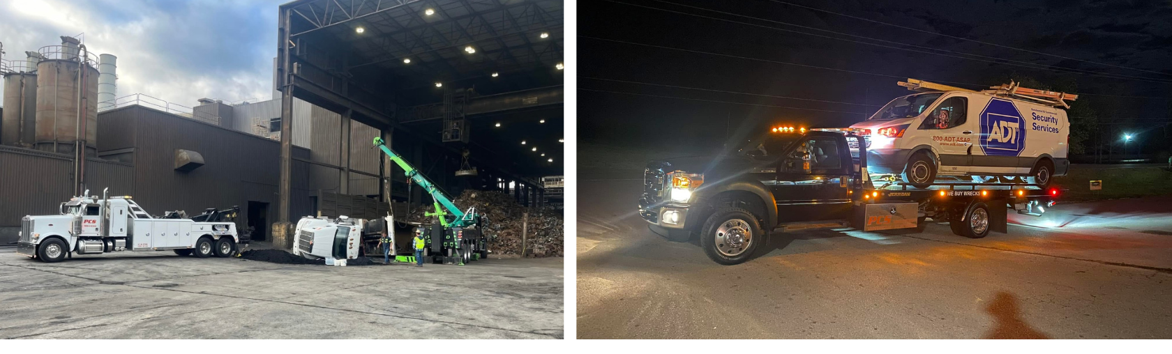 Two tow trucks at a work site. One in daylight by a large building, another at night towing a service van.