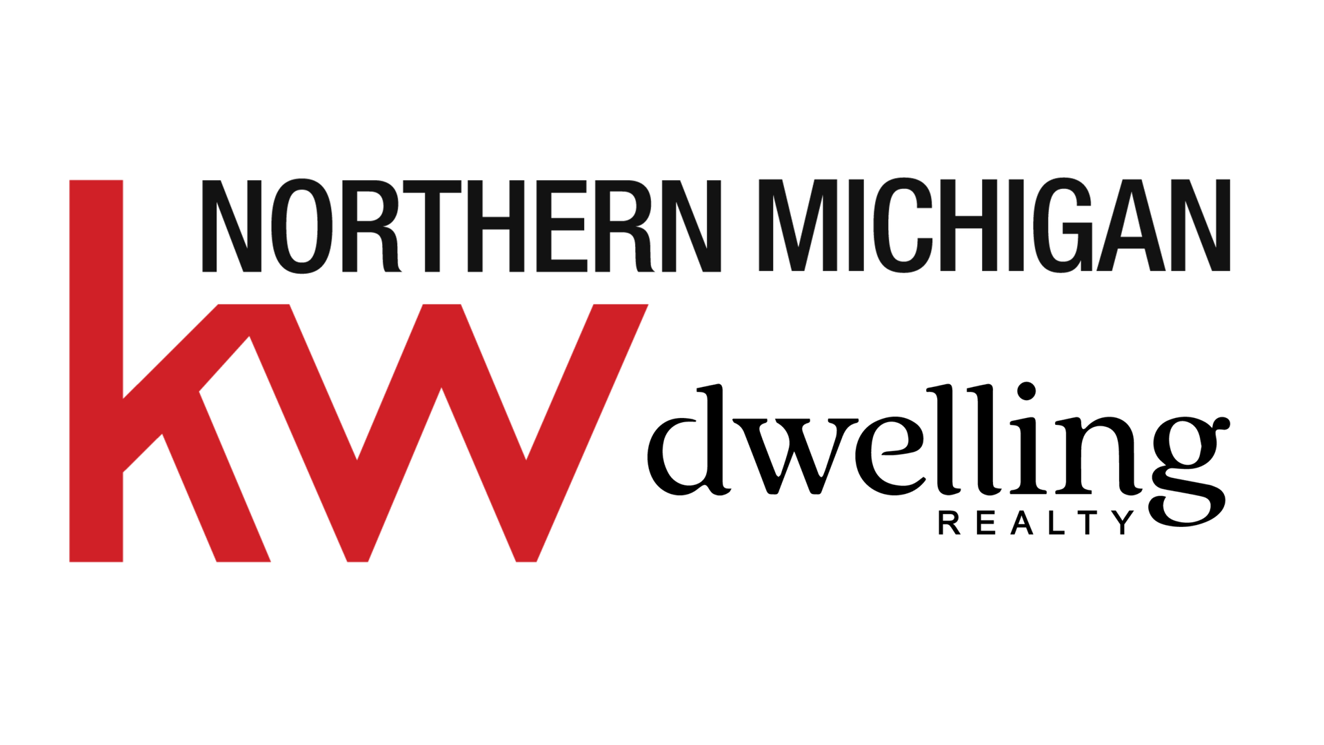 The logo for dwelling realty centers is red , white and black.