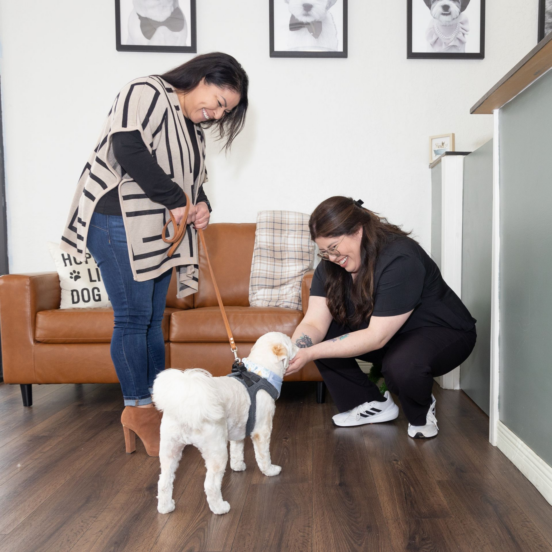 Woman and pet groomer with a white dog indoors. Woman on left holds leash, groomer pets dog.