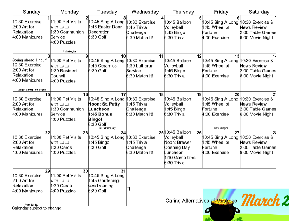 March calendar with scheduled activities like exercise, pet visits, and bingo.